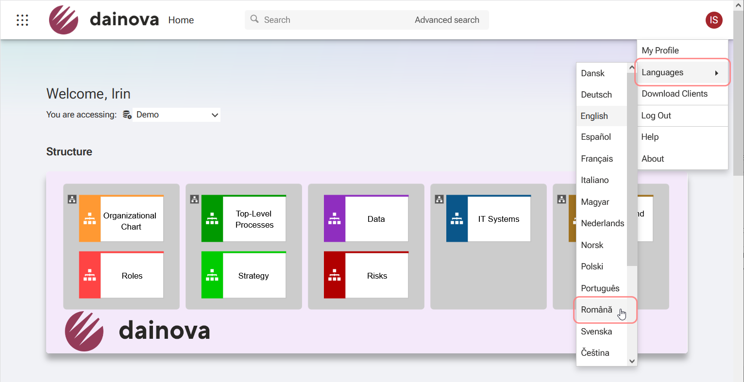 Figure 2. Selecting Romanian as an interface language