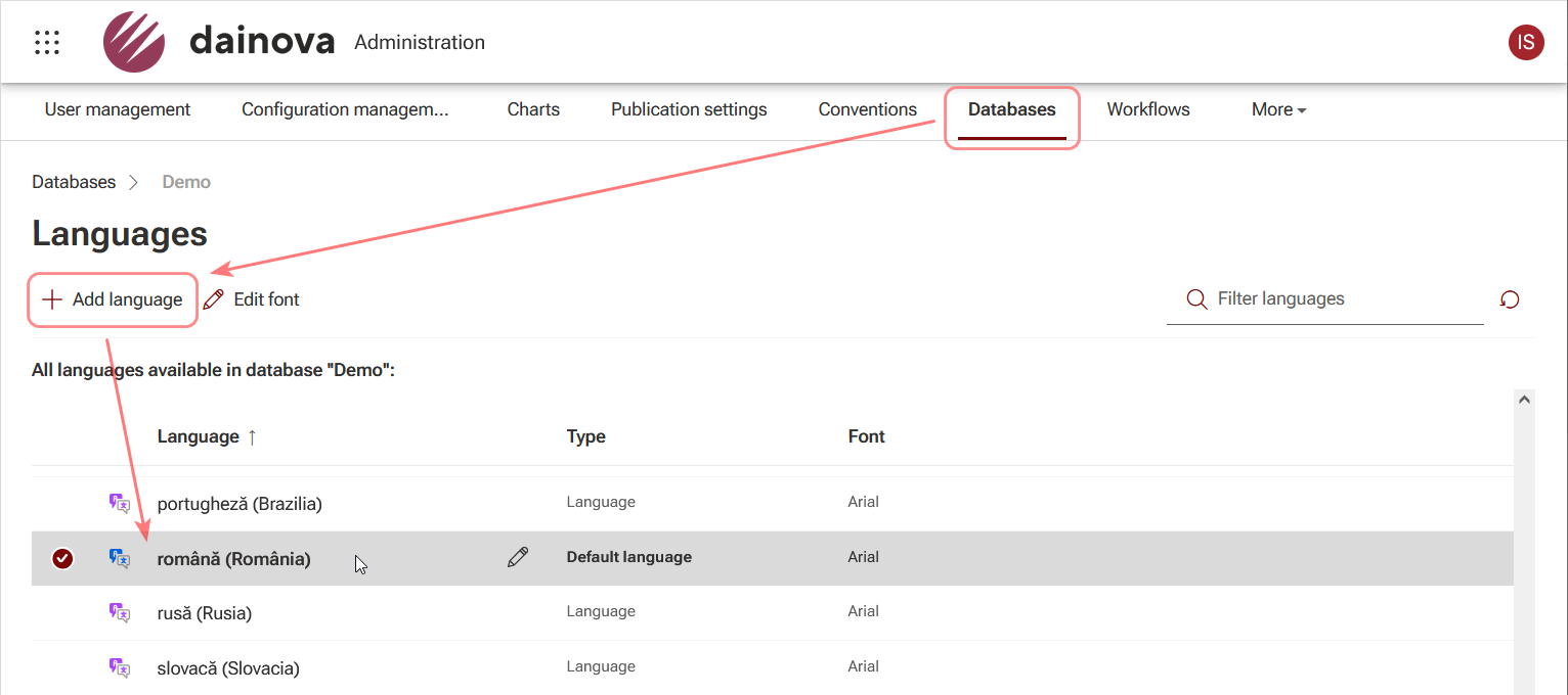 Figure 3. Setting up Romanian as a default language for the database
