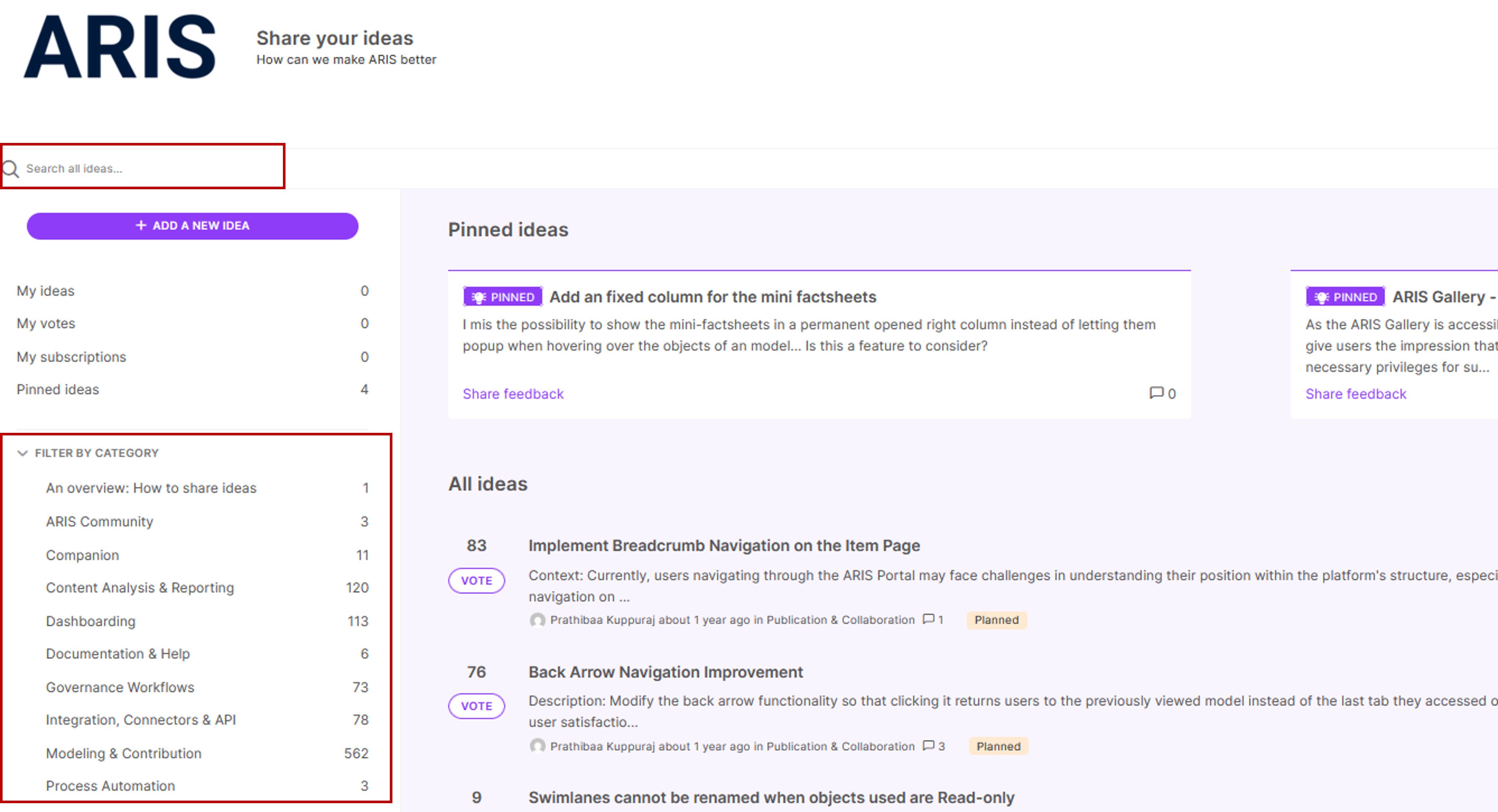 Figure 2. Search and filters in the ARIS Ideas Portal