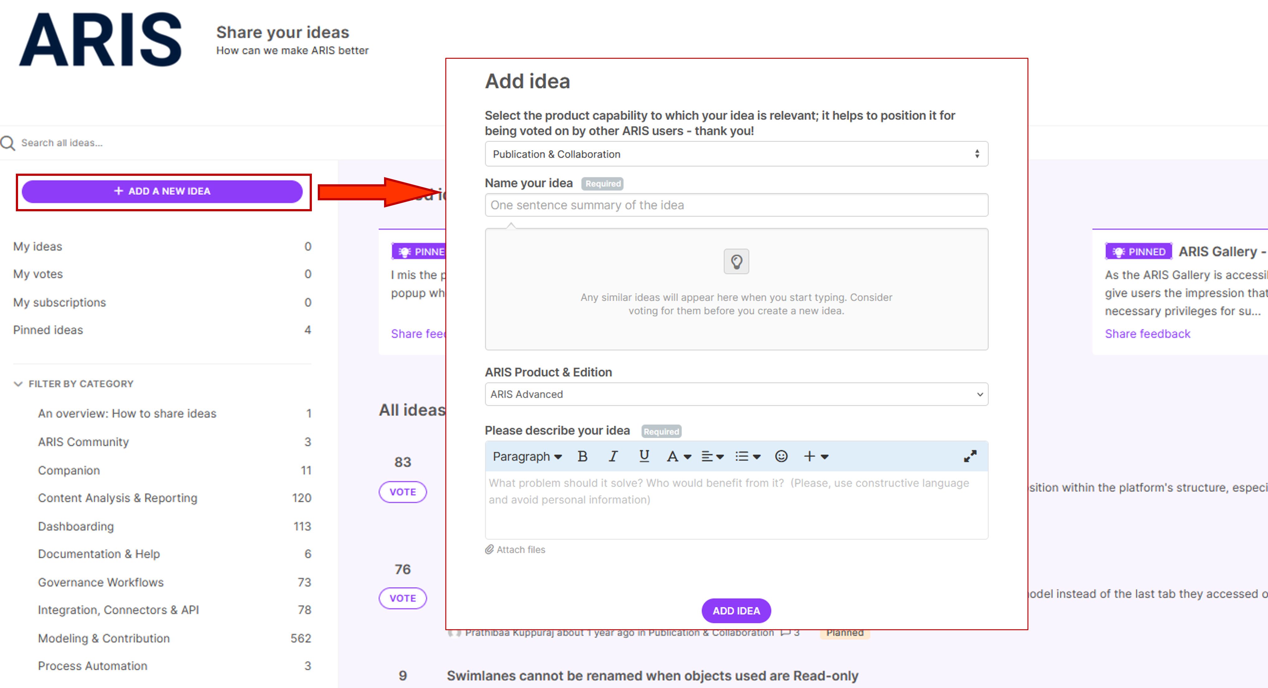 Figure 3. Adding idea in the ARIS Ideas Portal