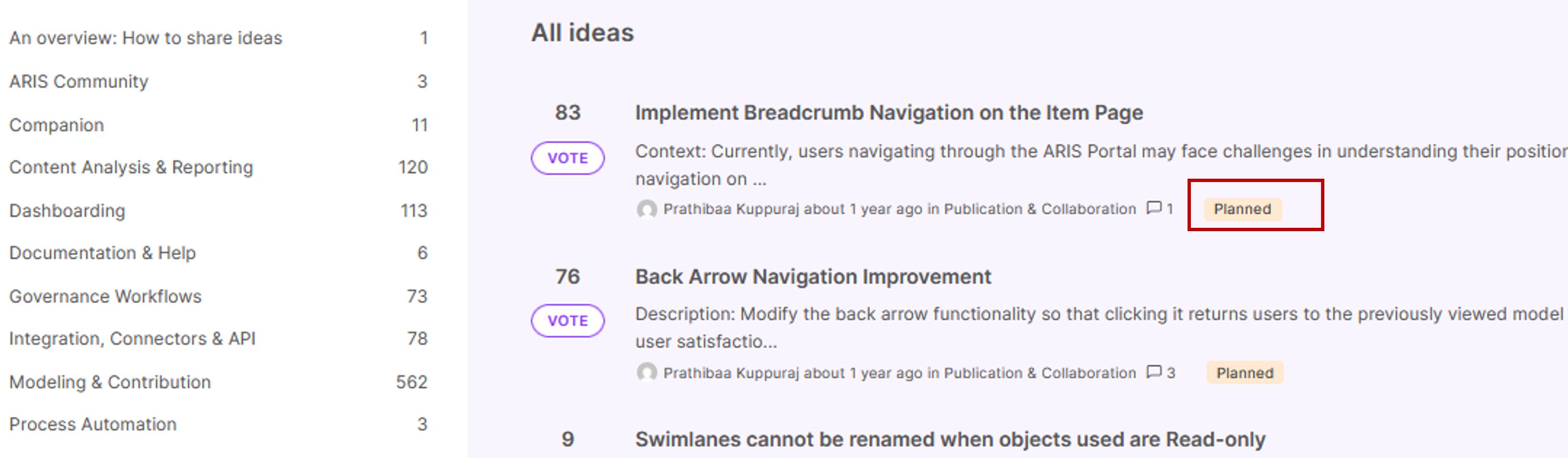 Figure 5. Tracking status of ideas in the ARIS Ideas Portal