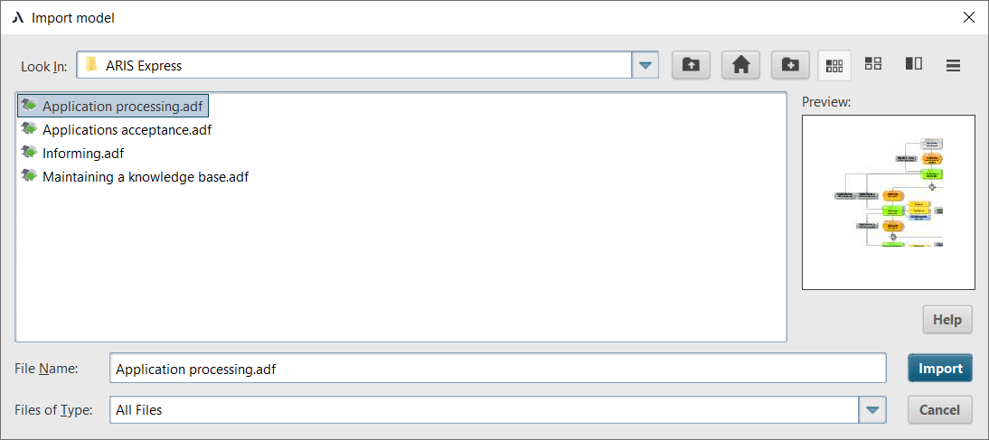 Figure 2. Selecting an ARIS Express model for import