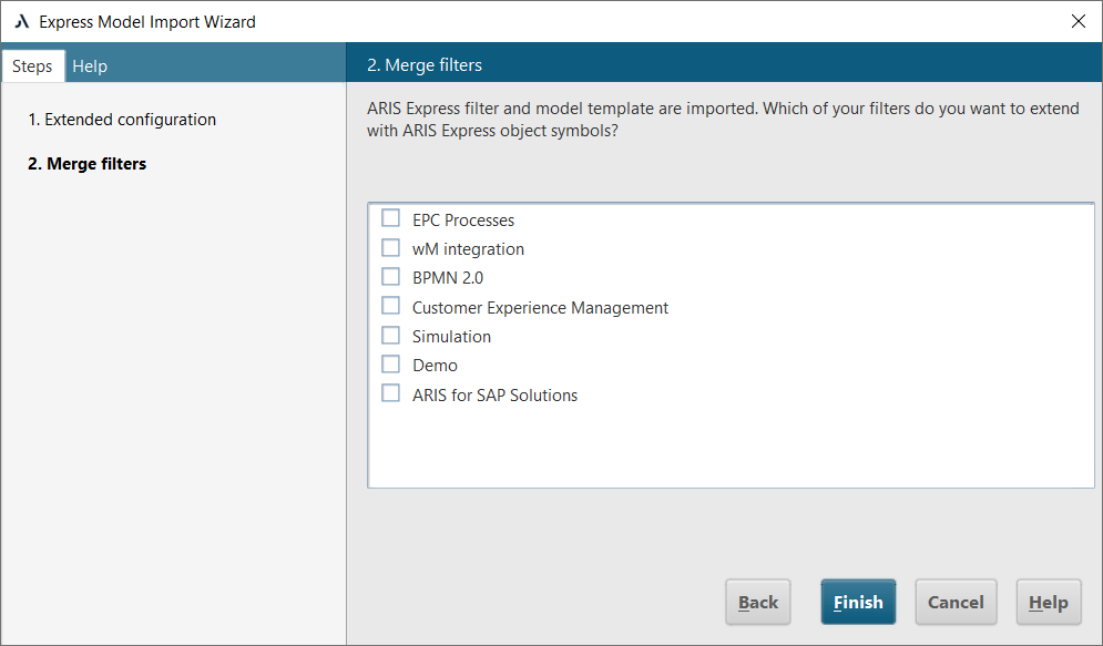 Figure 6. Selecting filters to extend the methodology in ARIS Architect