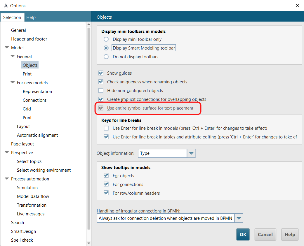 Figure 6. &ldquo;Use entire symbol surface for text placement&rdquo; option unavailable after applying the server parameter