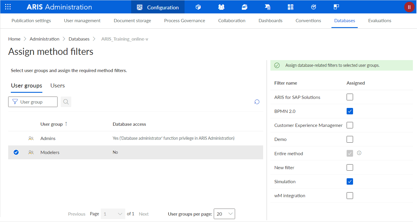 Figure 6. An example of assigning method filters to a user group