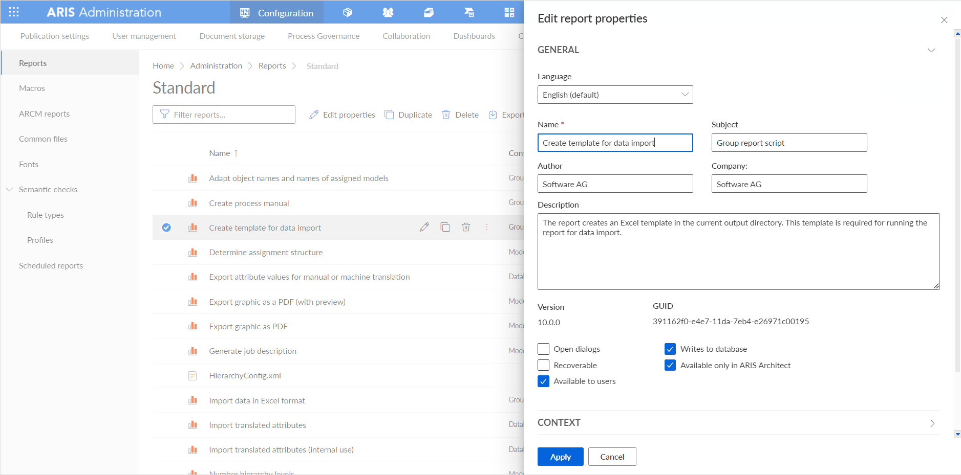 Figure 8. An example of a report properties page