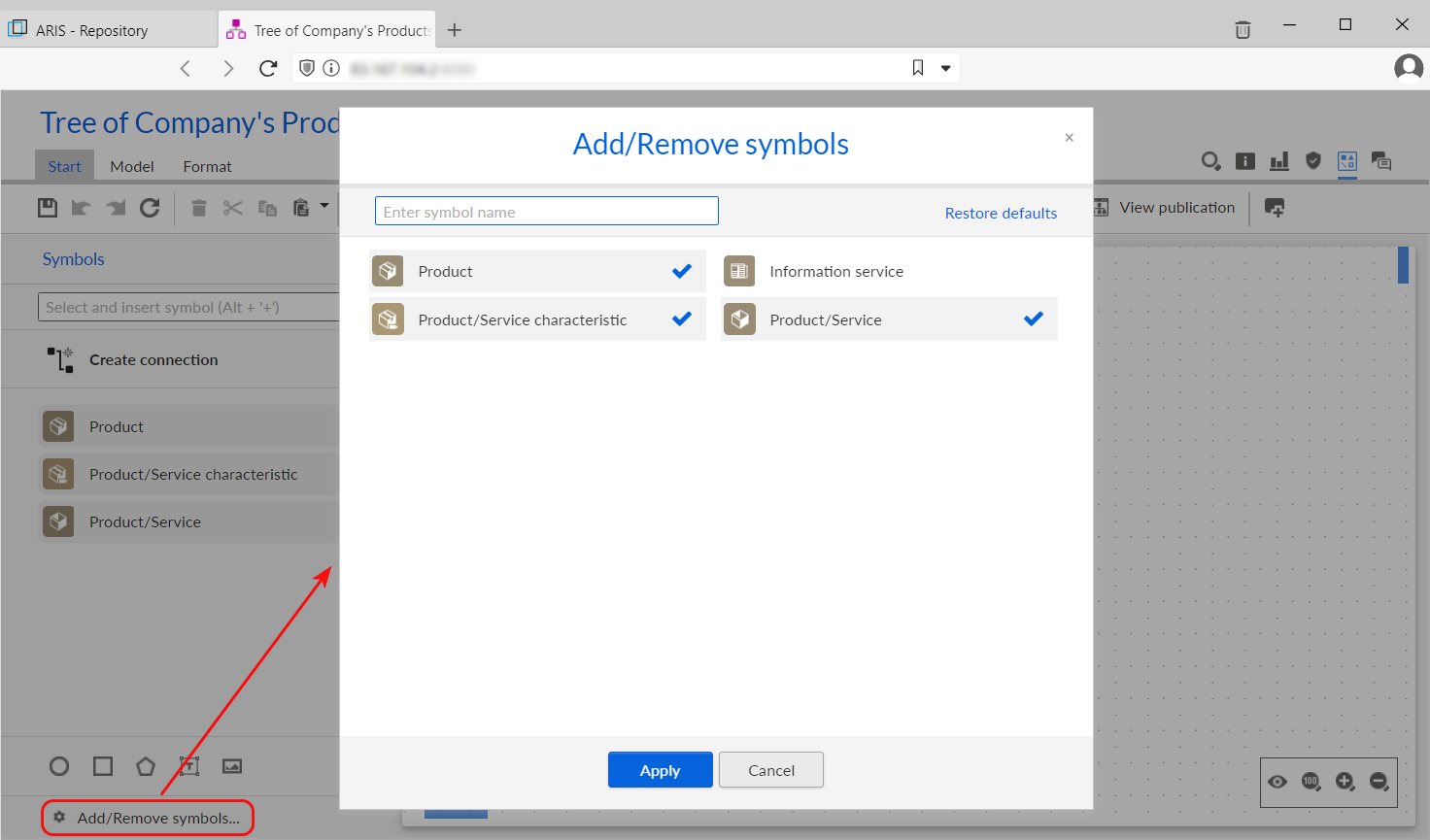Figure 3. View of the symbol bar in a model in ARIS Connect