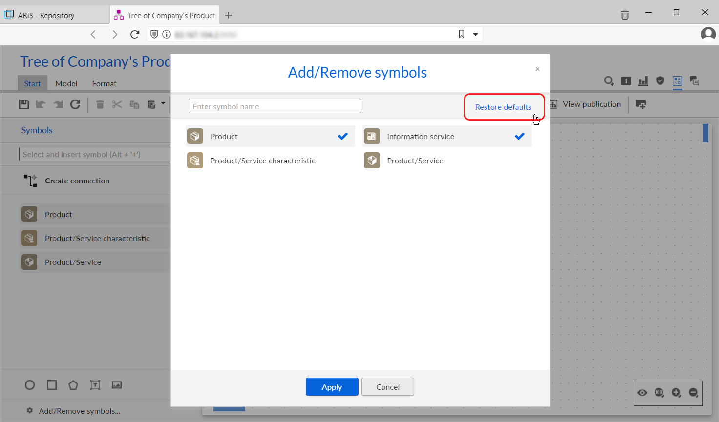 Figure 6. Restore defaults button for the symbol bar in ARIS Connect