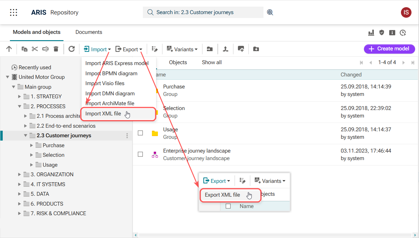 Figure 4. XML file import and export options in the Repository toolbar