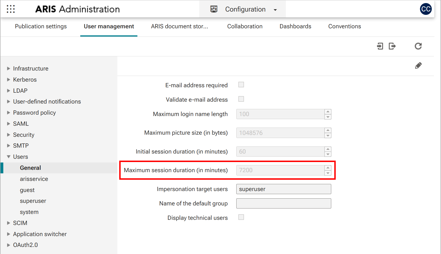Fig. 2. Maximum session duration parameter in ARIS Connect